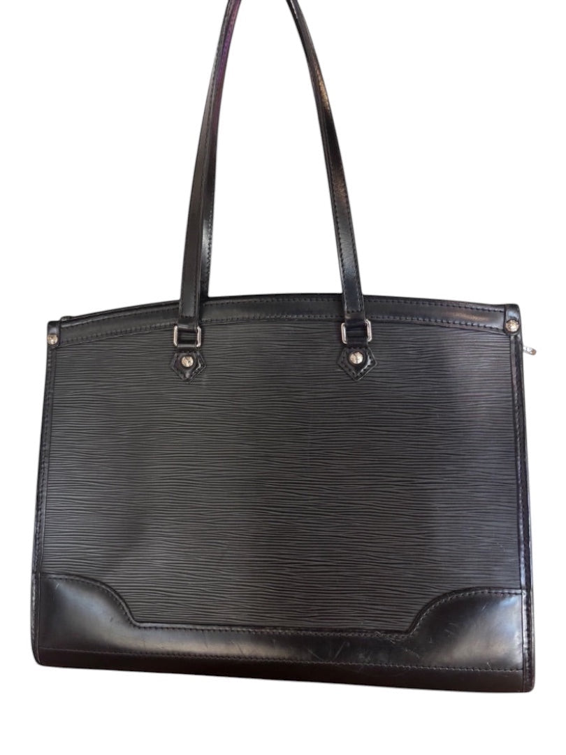 Posh Purse Co. black Louis Vuitton Epi leather Madeleine handbag with structured silhouette and top handles.