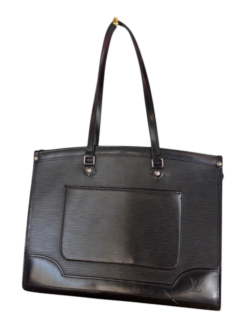 Posh Purse Co. black Louis Vuitton Epi leather Madeleine handbag with structured silhouette and front pocket detail.