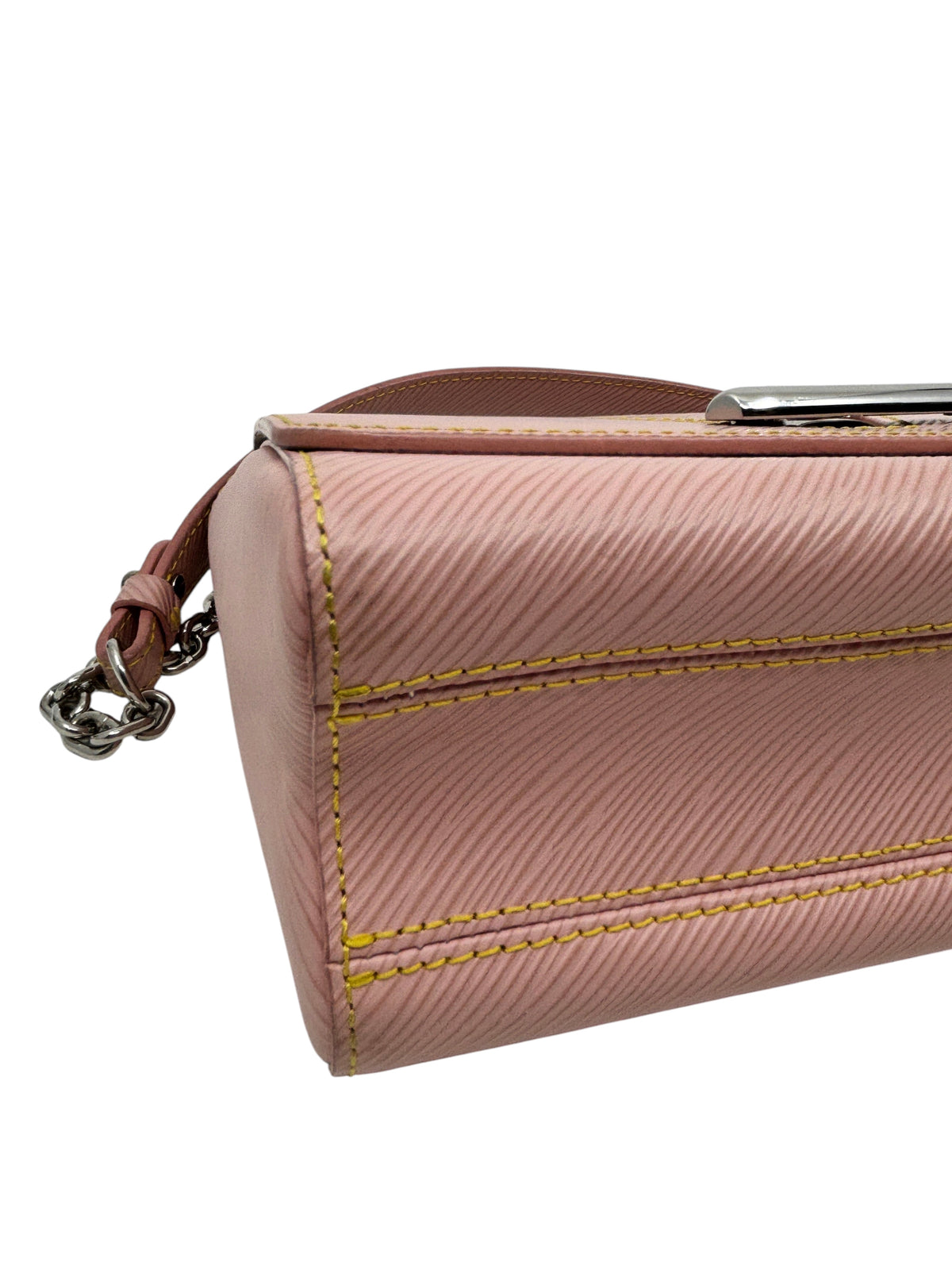 Posh Purse Co Louis Vuitton Epi leather Twist MM bag in light pink with yellow contrast stitching and silver chain