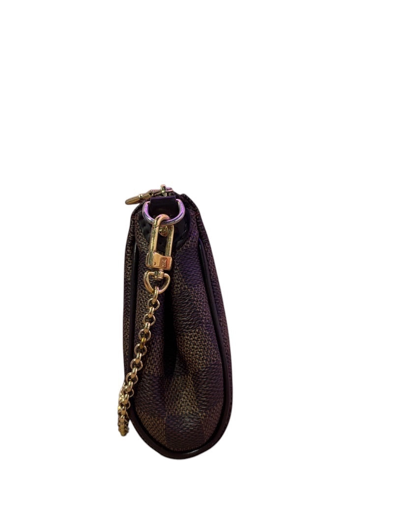 Posh Purse Co. Louis Vuitton Eva clutch in brown coated canvas with gold-tone hardware and chain strap.