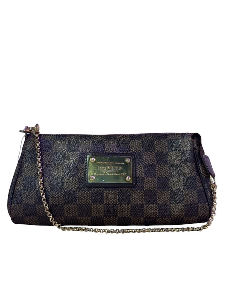 Posh Purse Co. Louis Vuitton Eva clutch in Damier Ebene coated canvas with gold-tone hardware and chain strap.