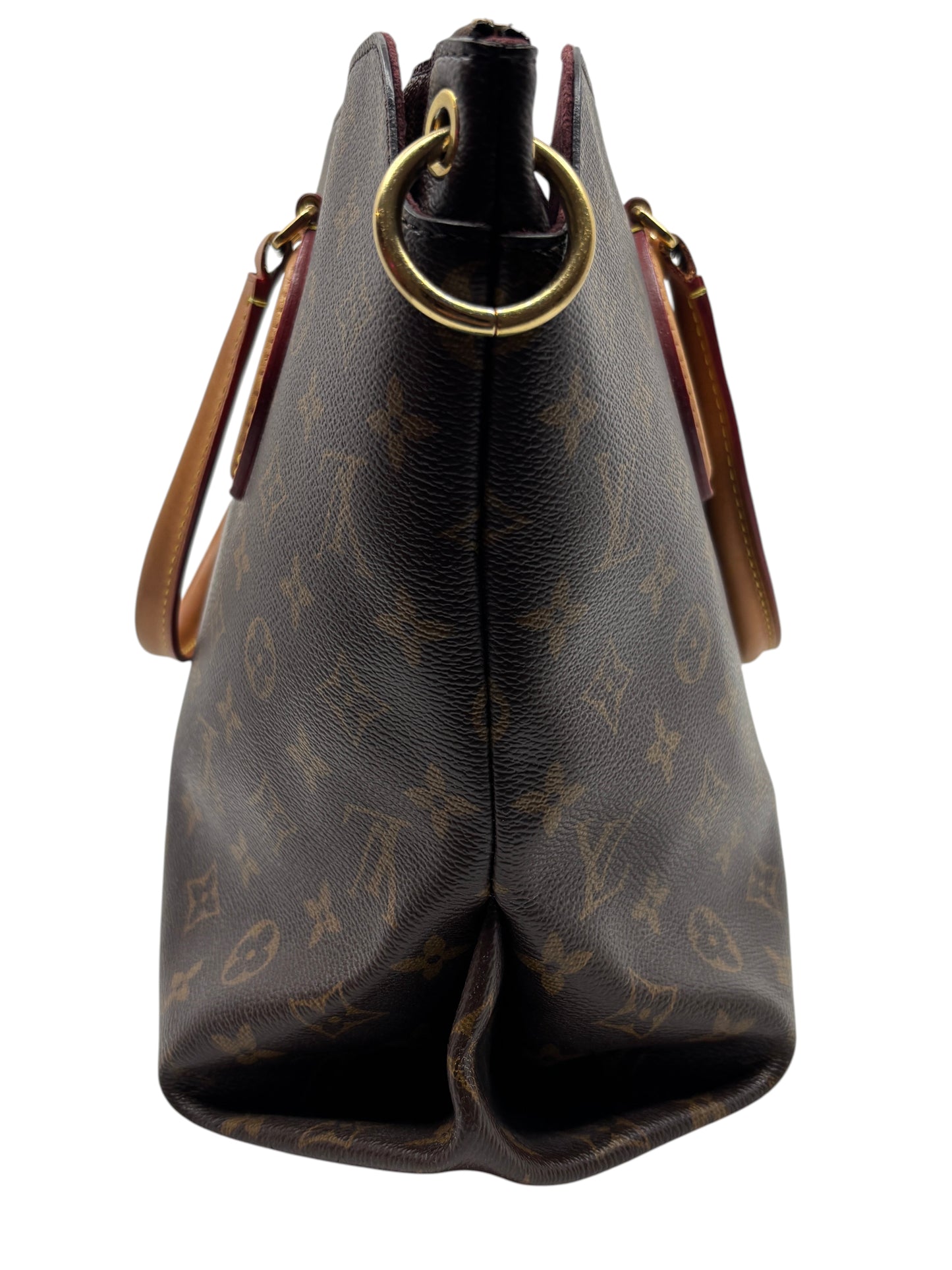 Posh Purse Co. Louis Vuitton Flower Zipped Tote side view showing monogram canvas, leather handles, and gold hardware.