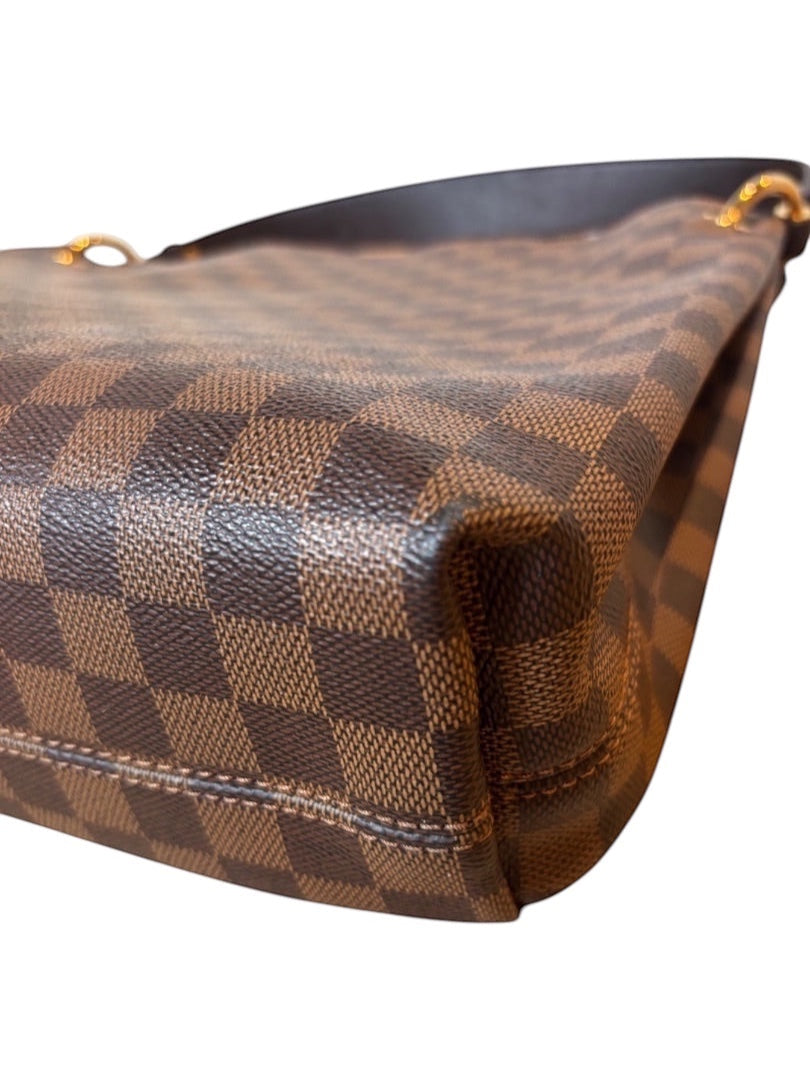 Posh Purse Co Louis Vuitton Graceful MM Damier Ebene canvas shoulder bag with chocolate brown leather trim and gold-tone hardware.