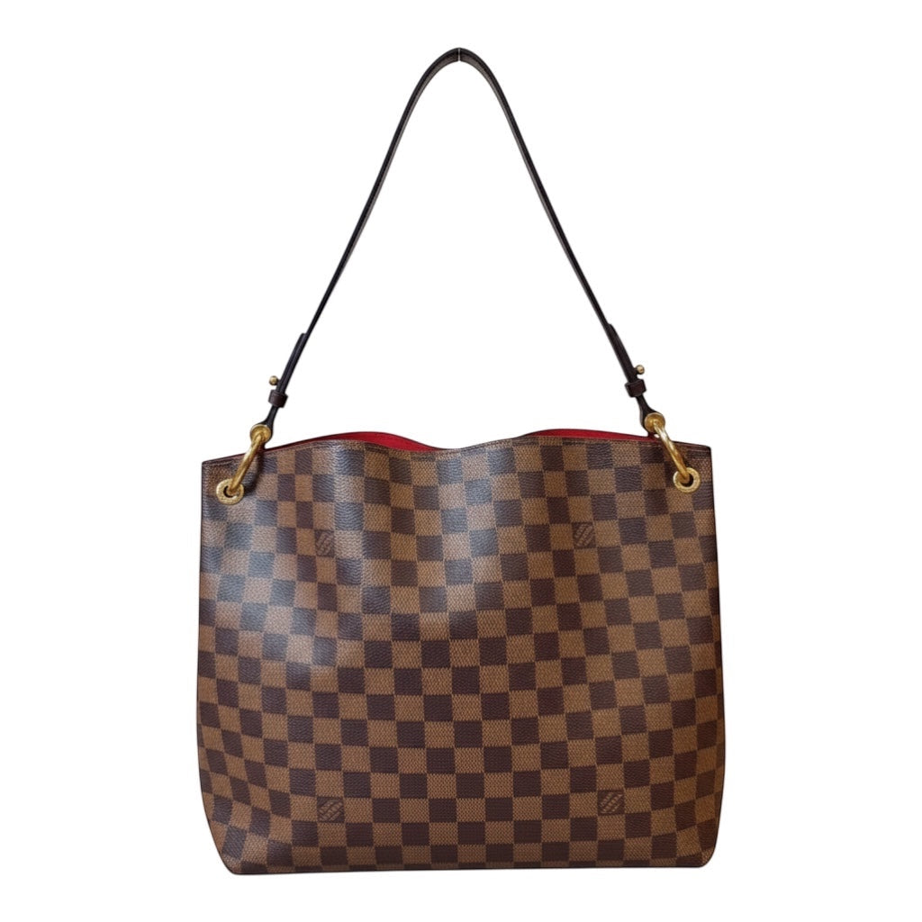 Posh Purse Co Louis Vuitton Graceful MM Damier Ebene canvas shoulder bag with red lining and gold-tone hardware.