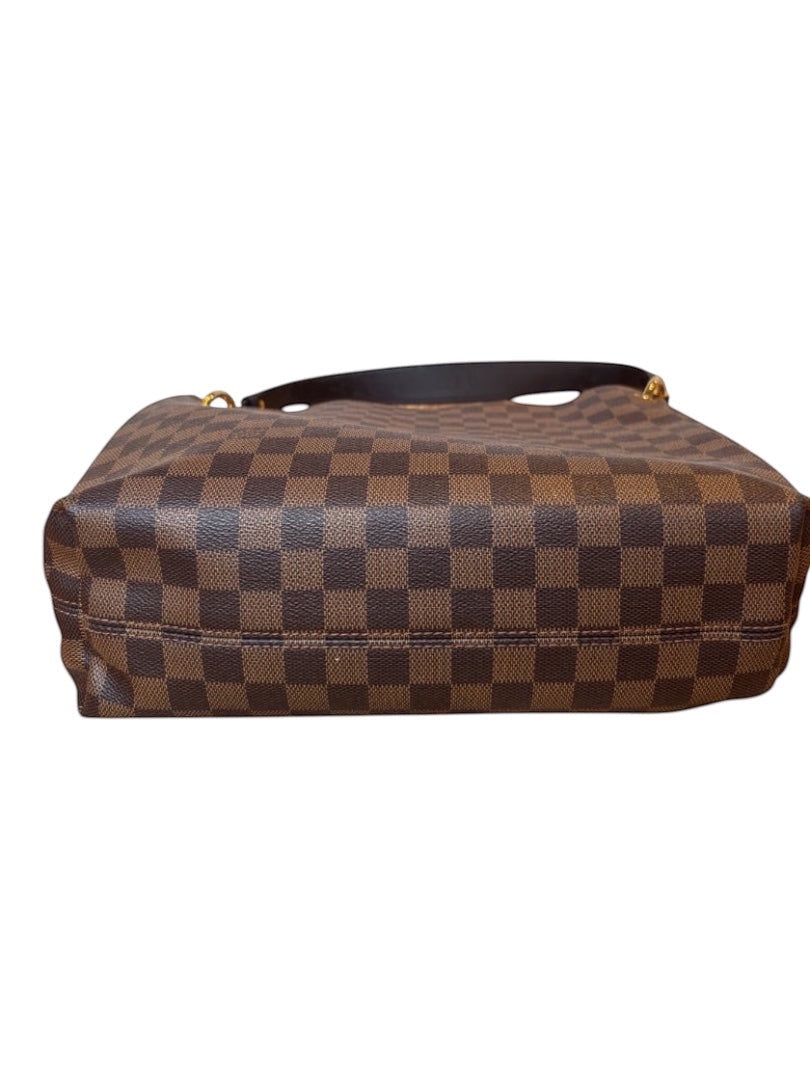 Posh Purse Co Louis Vuitton Graceful MM Damier Ebene canvas shoulder bag with chocolate brown leather trim and gold-tone hardware.