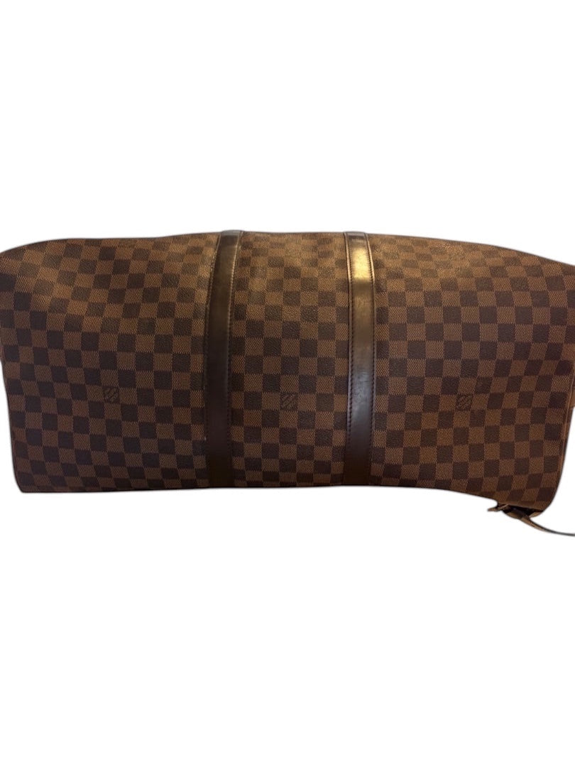 Posh Purse Co Louis Vuitton Damier Ebene Keepall 50 travel bag in brown checkered coated canvas with dark brown leather trim and handles.