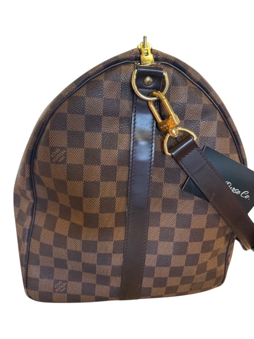 Posh Purse Co Louis Vuitton Damier Ebene Keepall 50 travel bag with brown checkered canvas and leather trim.