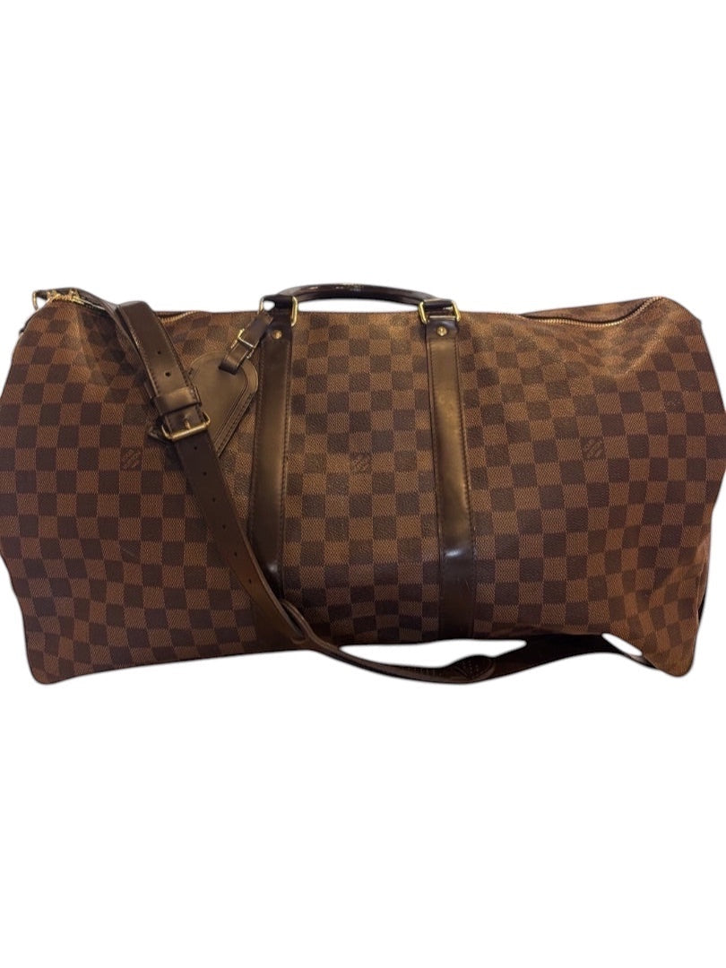 Posh Purse Co Louis Vuitton Damier Ebene Keepall 50 travel bag in brown checkered canvas with dark brown leather trim and gold-tone hardware.