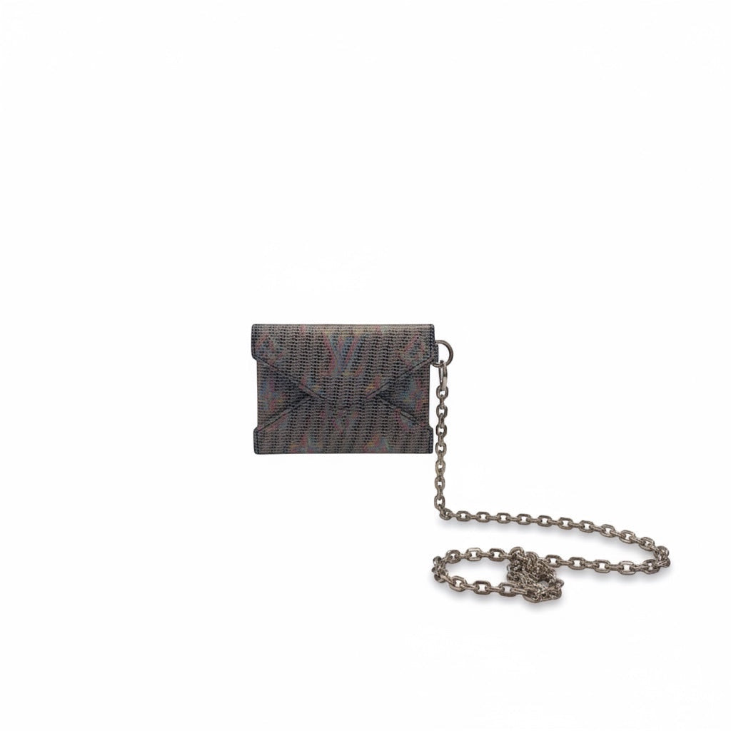 Posh Purse Co authentic Louis Vuitton Kirigami necklace pouch in coated canvas with multicolor monogram pattern and gold-tone chain.