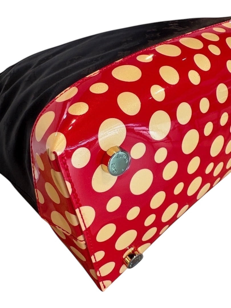 Posh Purse Co black and red Louis Vuitton x Yayoi Kusama Lock It Tote with yellow polka dots, coated canvas and leather trim.