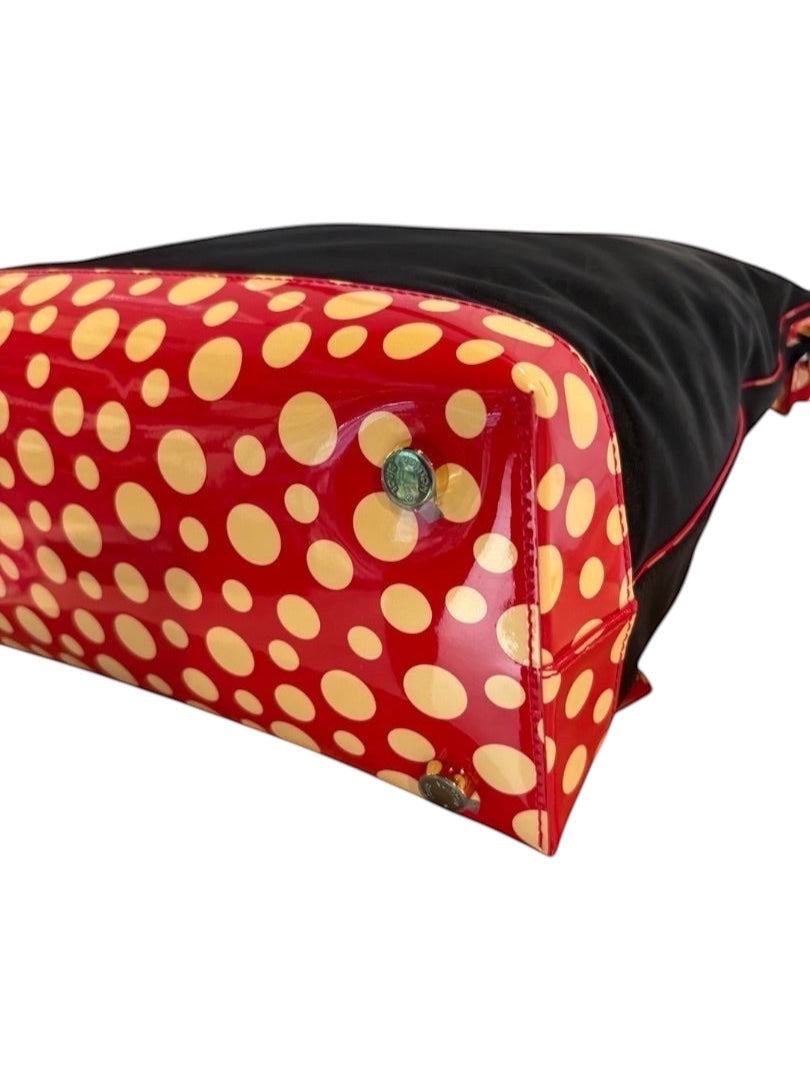 Posh Purse Co black Louis Vuitton x Yayoi Kusama Lock It Tote with red and yellow polka dots, coated canvas and leather trim.