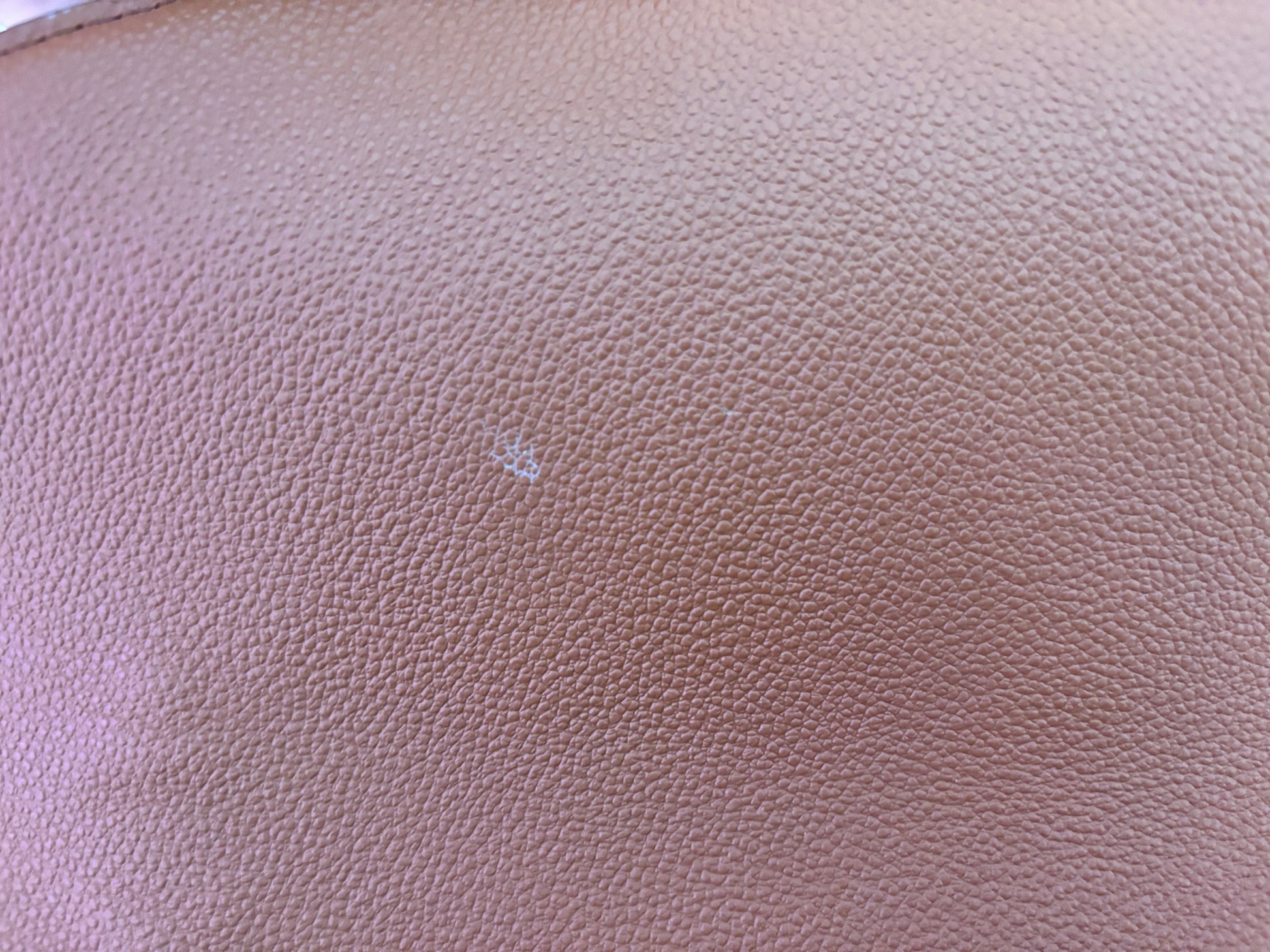 Close-up of brown leather texture on a Posh Purse Co. Louis Vuitton Pochette Metis showing a small surface mark
