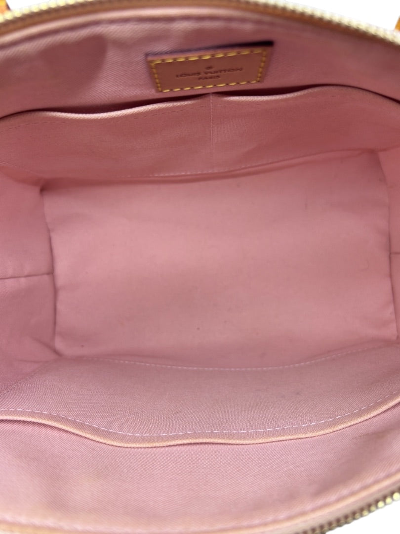 Posh Purse Co Louis Vuitton Lena Tote interior featuring a soft pink fabric lining and leather brand patch.