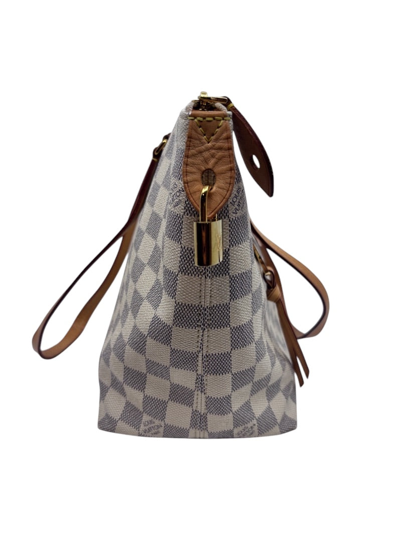 Posh Purse Co Louis Vuitton Lena tote in Damier Azur canvas with Vachetta leather trim and gold padlock side view