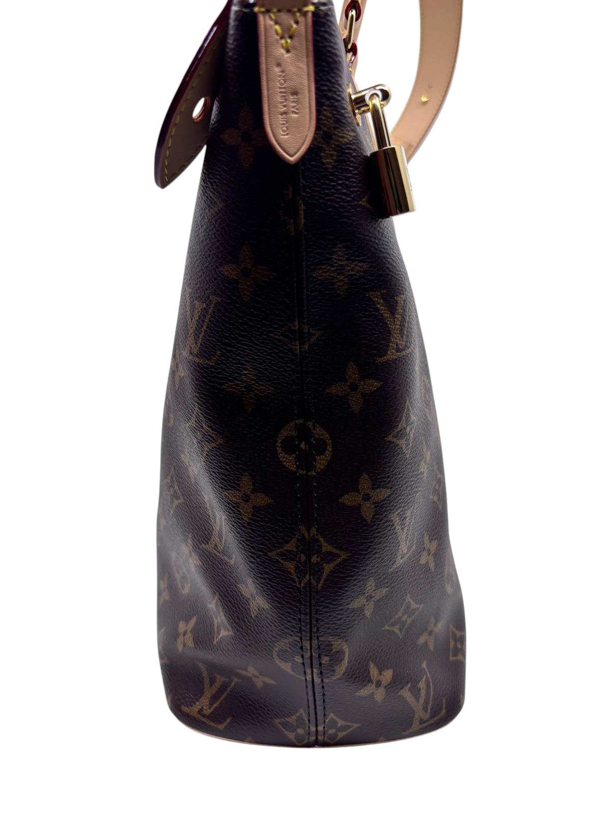 Posh Purse Co. Louis Vuitton Monogram Lockit bag side view showing coated canvas, leather handle, and gold padlock.