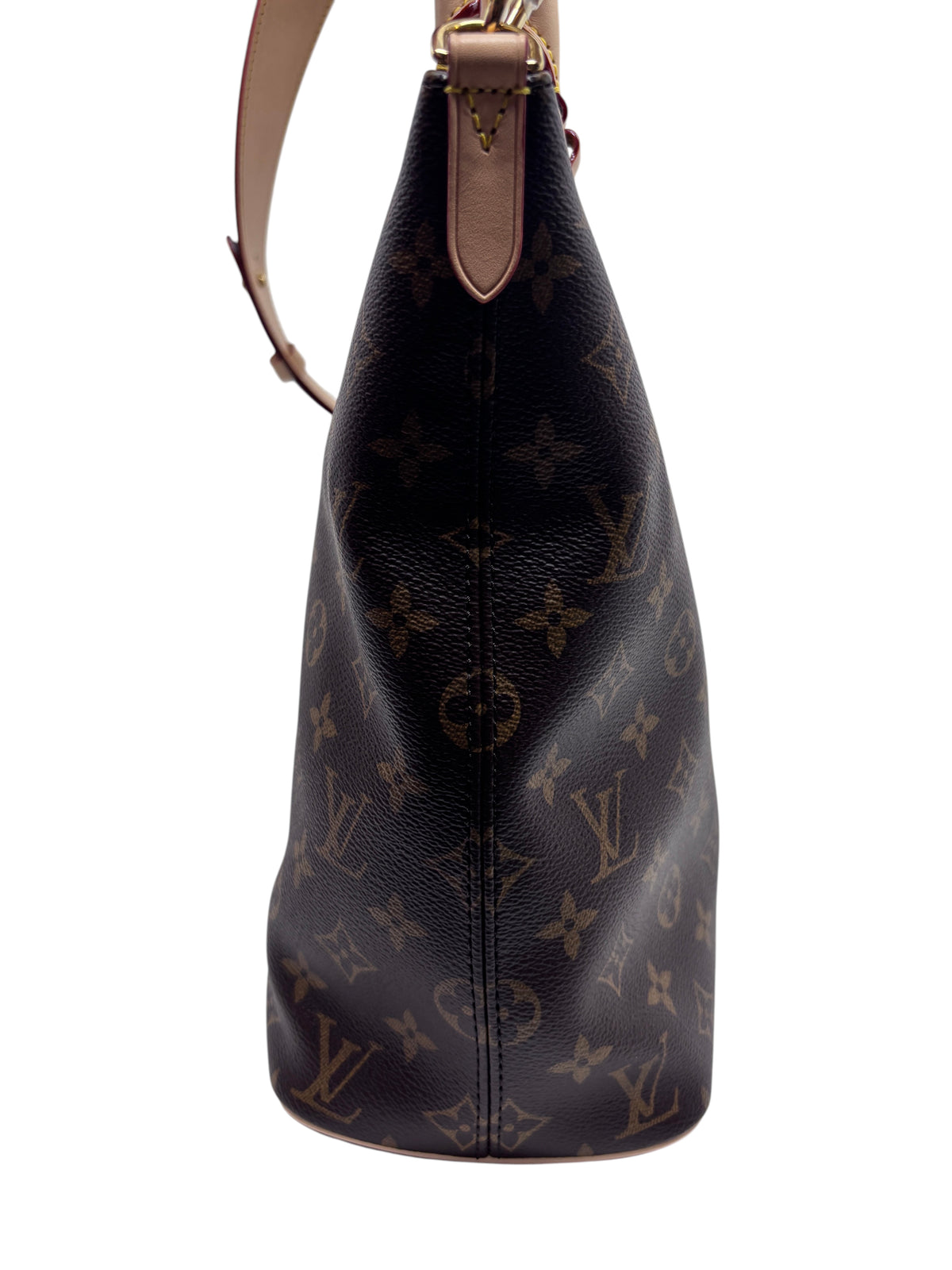 Side view of a Posh Purse Co. Louis Vuitton Monogram Lockit bag featuring brown coated canvas and leather trim.