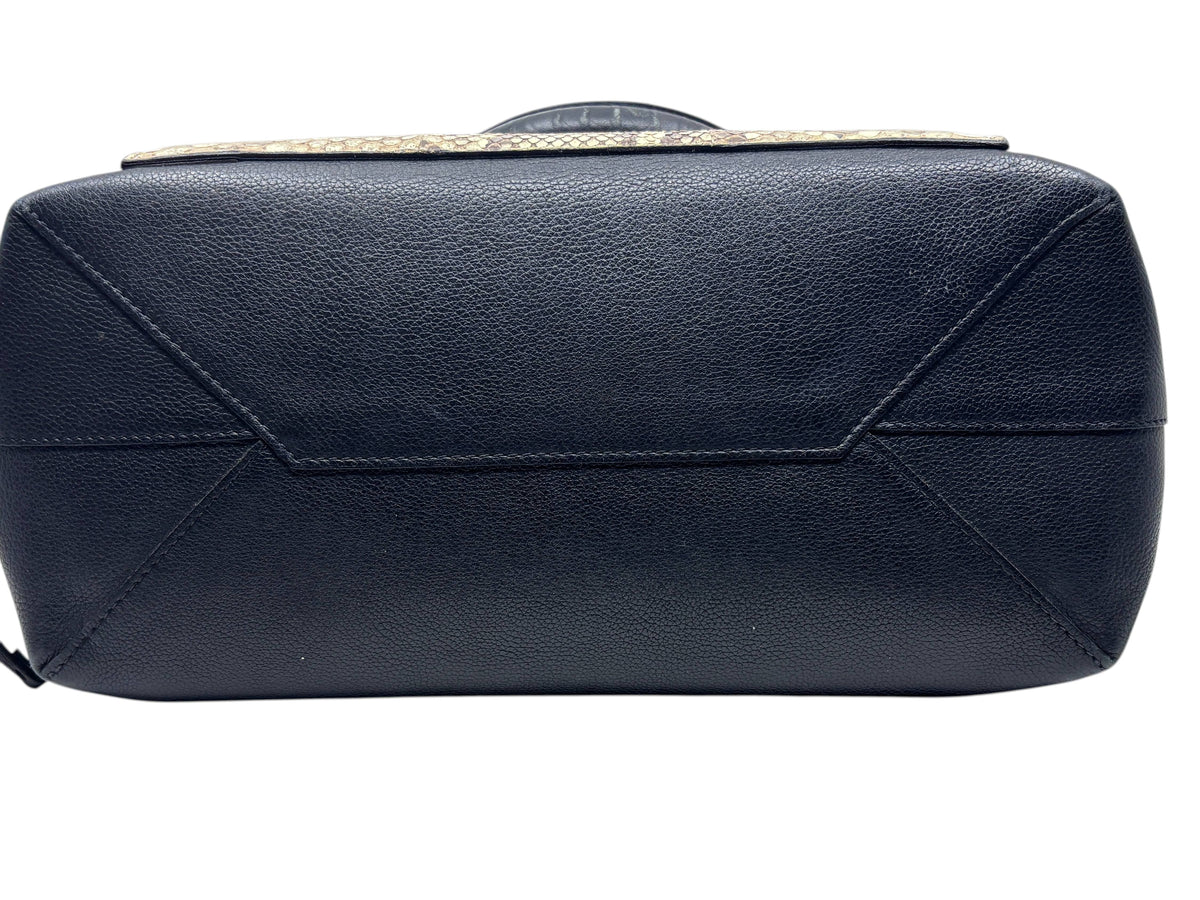 Posh Purse Co Louis Vuitton LockMe MM handbag base showing black leather and python skin texture