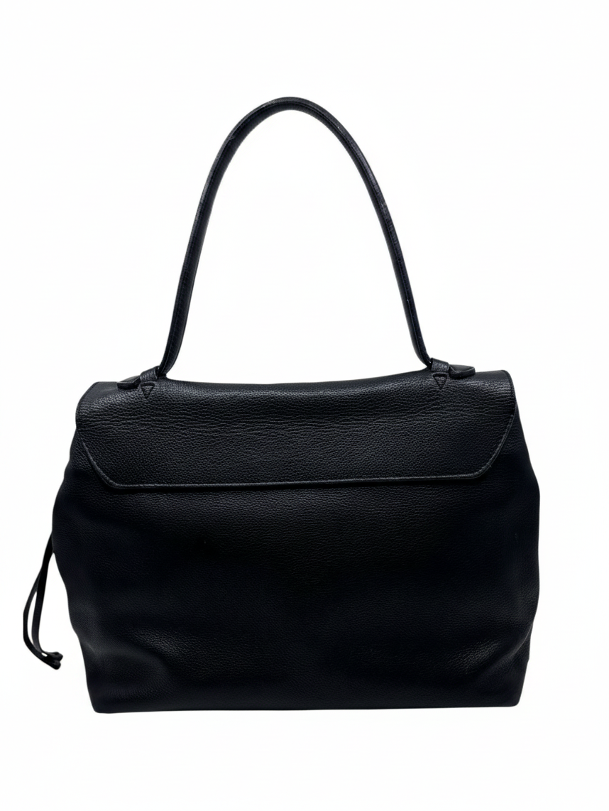 Posh Purse Co preloved black leather Louis Vuitton LockMe MM handbag with a structured silhouette and top handle.