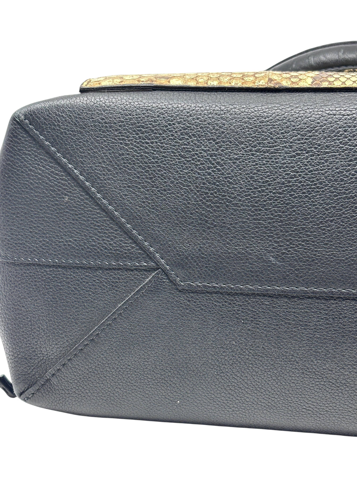 Posh Purse Co Louis Vuitton LockMe MM handbag featuring black grained leather and exotic python skin trim detail