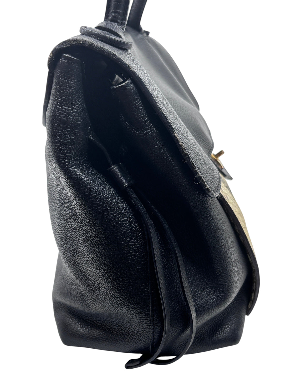 Posh Purse Co preloved Louis Vuitton LockMe MM handbag in black leather with python accents and side view profile