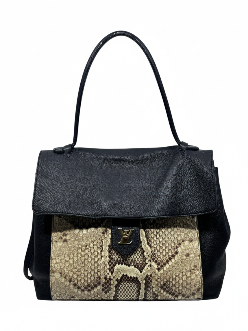 Posh Purse Co preloved Louis Vuitton LockMe MM handbag in black leather with exotic python skin front panel