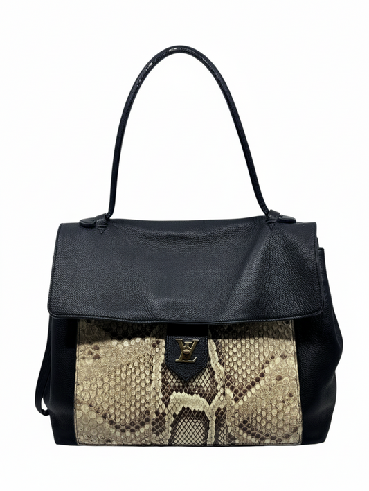 Posh Purse Co preloved Louis Vuitton LockMe MM handbag in black leather with exotic python skin front panel
