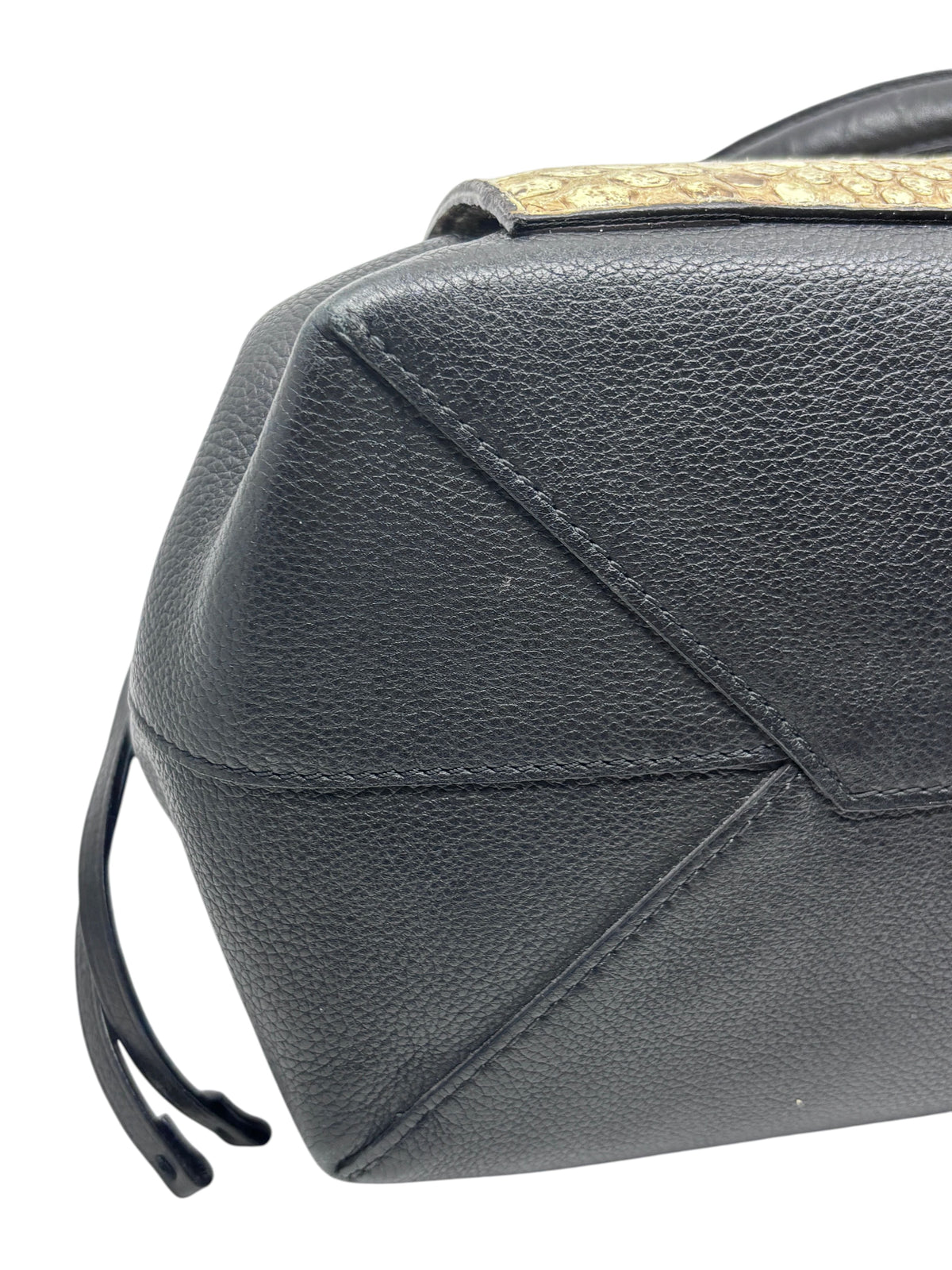 Posh Purse Co Louis Vuitton LockMe MM handbag side view featuring black grained leather and exotic python skin trim.