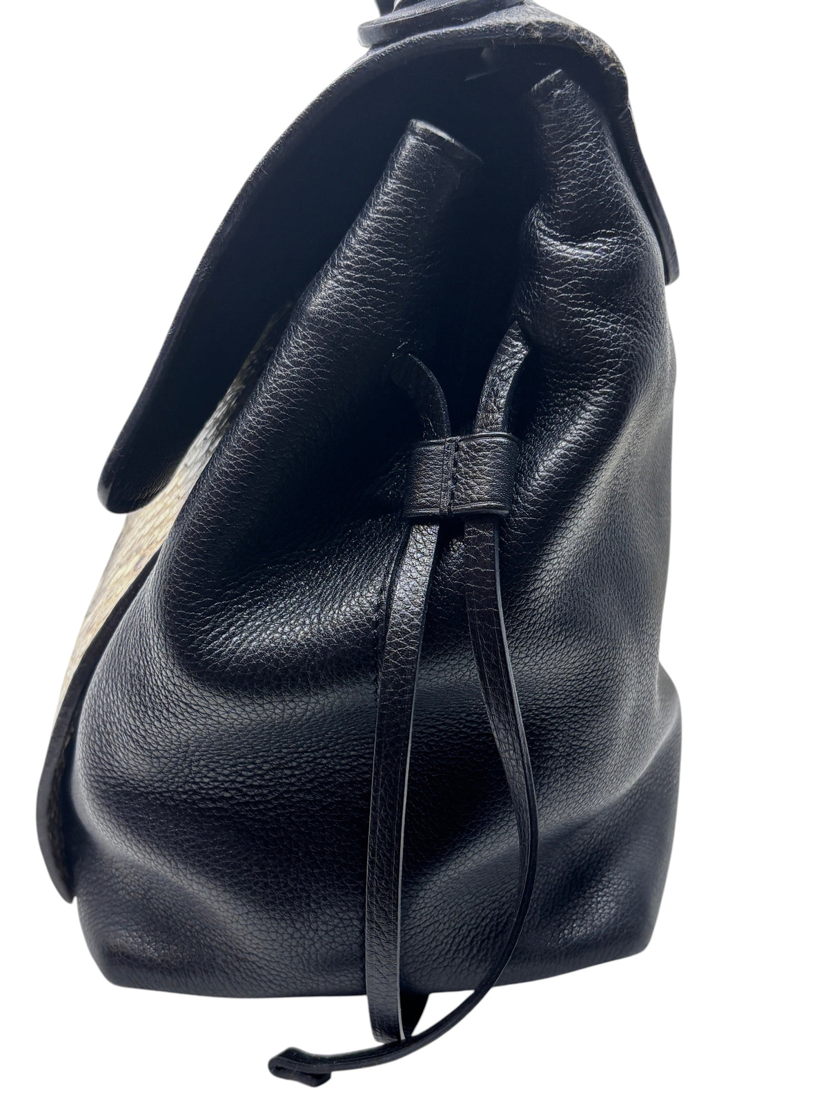 Posh Purse Co preloved Louis Vuitton LockMe MM handbag in black leather with python skin side profile view