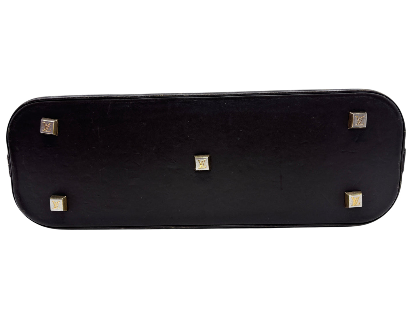 Base of a preloved Posh Purse Co Louis Vuitton Long Mini Lin bag showing protective metal feet with LV logo engraving