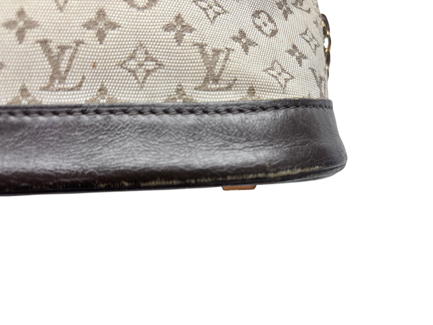 Posh Purse Co preloved Louis Vuitton Long Mini Lin bag showing beige monogram canvas and dark brown leather trim