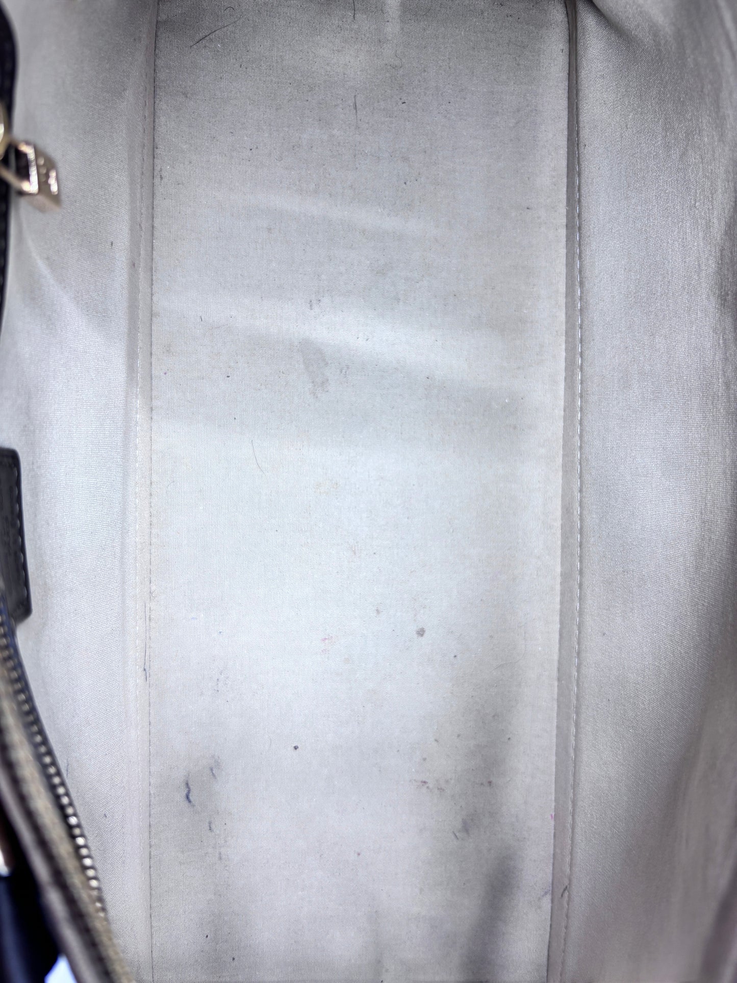Interior view of a preloved Posh Purse Co Louis Vuitton Long Mini Lin bag showing light fabric lining with staining.