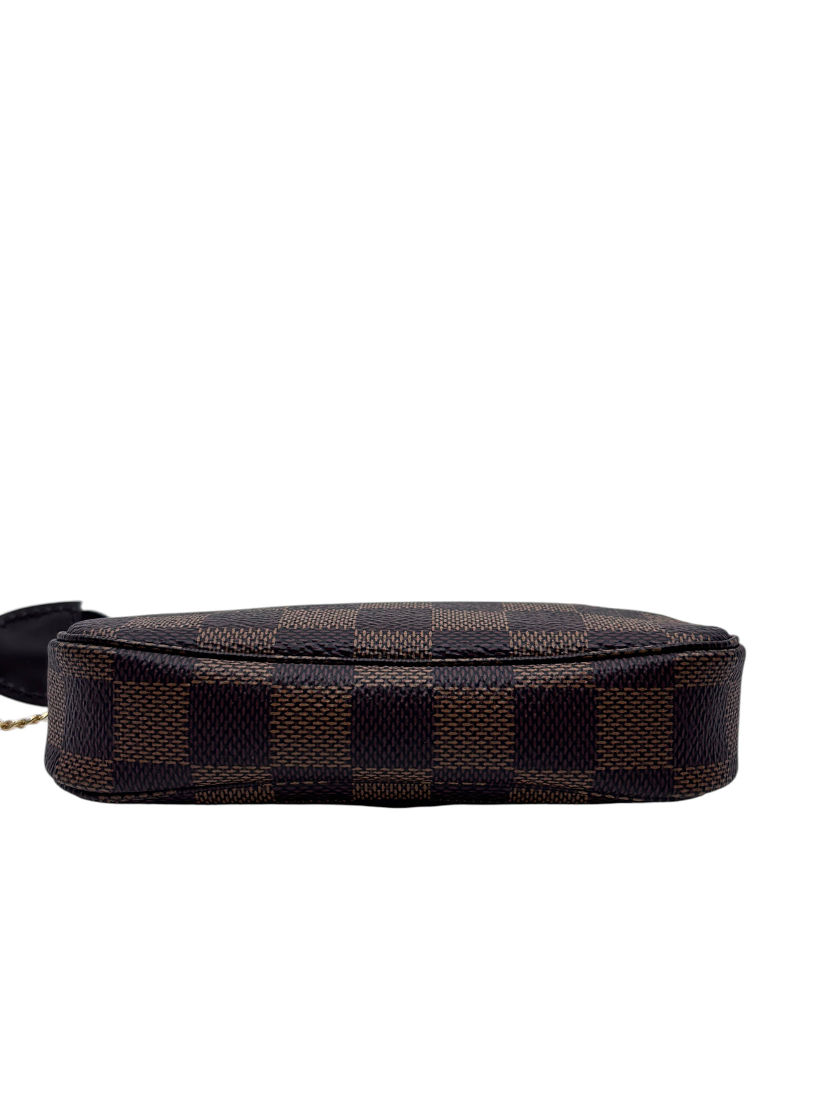 Posh Purse Co Louis Vuitton Damier Ebene Mini Pochette Accessoires showing the bottom view of the checkered canvas