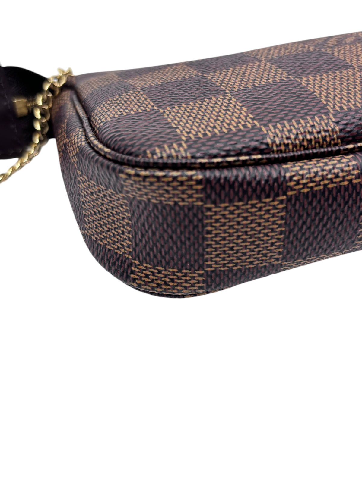 Posh Purse Co Louis Vuitton Damier Ebene Mini Pochette in brown checkered coated canvas with gold chain strap