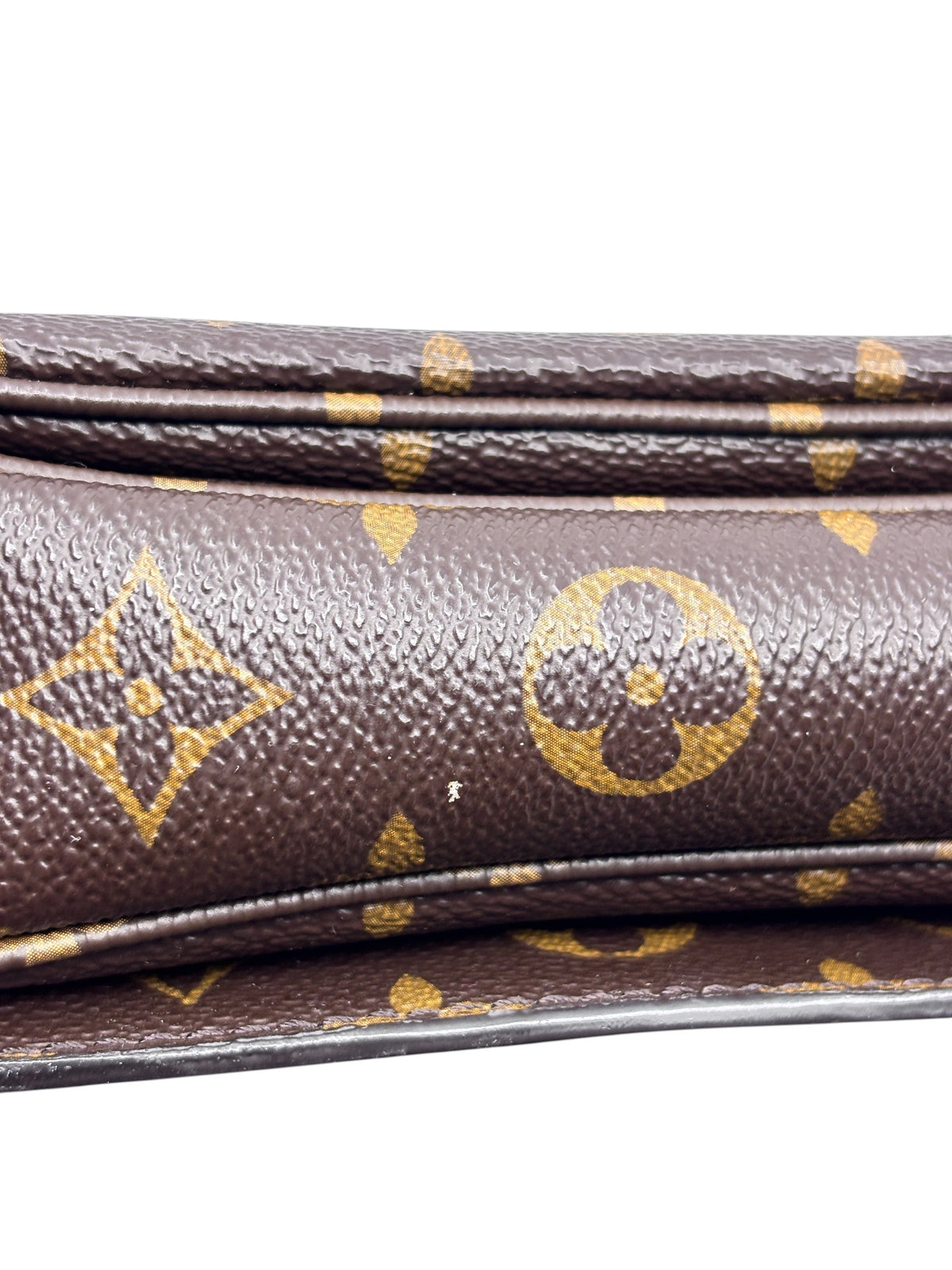 Close-up of Posh Purse Co Louis Vuitton Monogram coated canvas texture with signature brown and gold floral pattern.