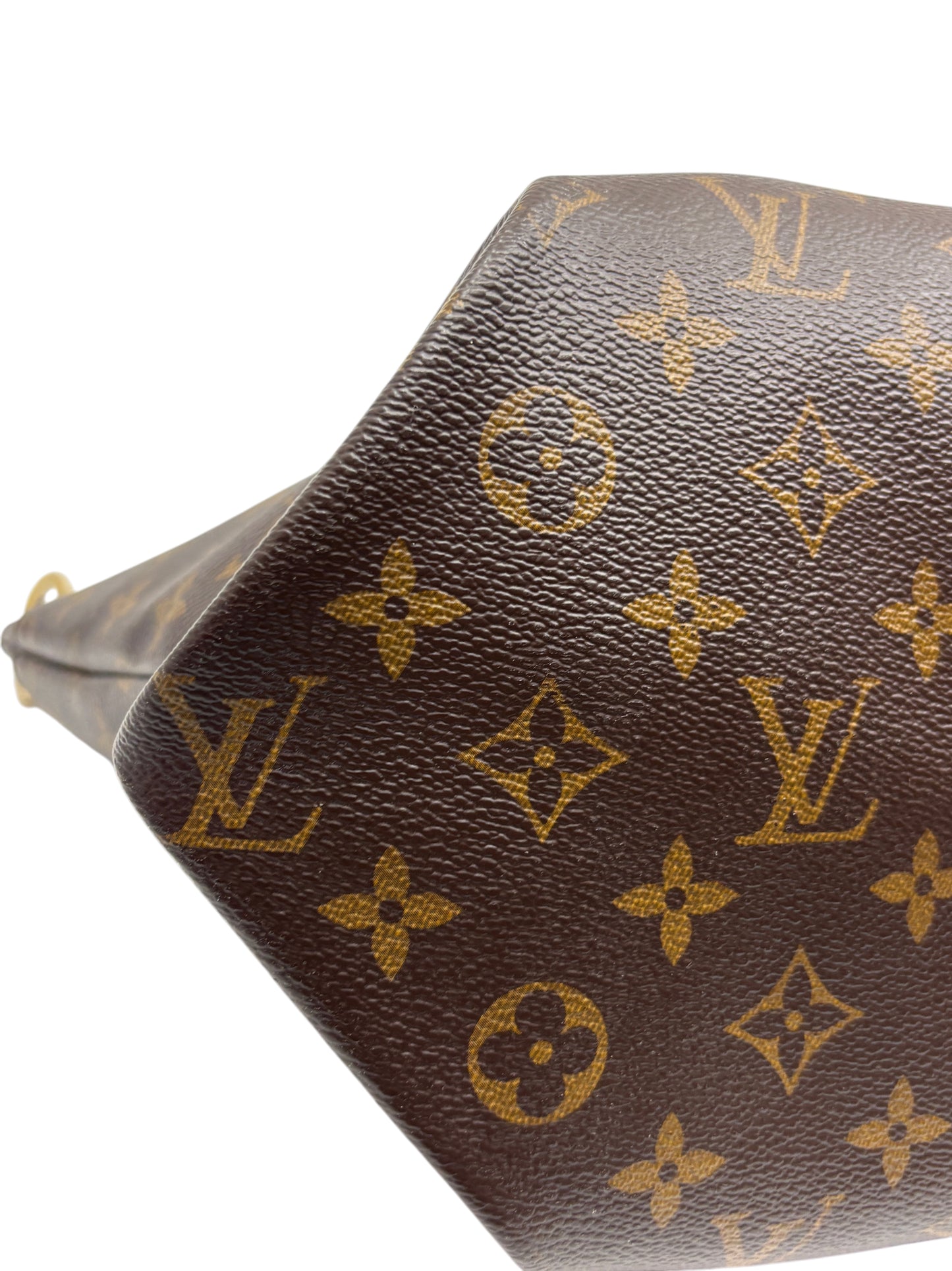 Close-up of Posh Purse Co. Louis Vuitton Flower Zipped Tote in iconic brown Monogram canvas with leather trim