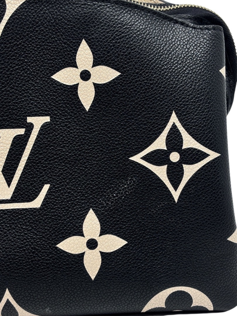 Posh Purse Co Louis Vuitton Petit Palais handbag featuring a black and cream bicolor giant monogram leather pattern