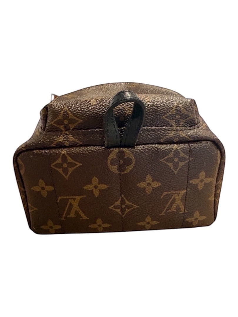 Posh Purse Co Louis Vuitton Palm Springs Mini backpack in signature Monogram canvas with black leather trim and gold-tone hardware.