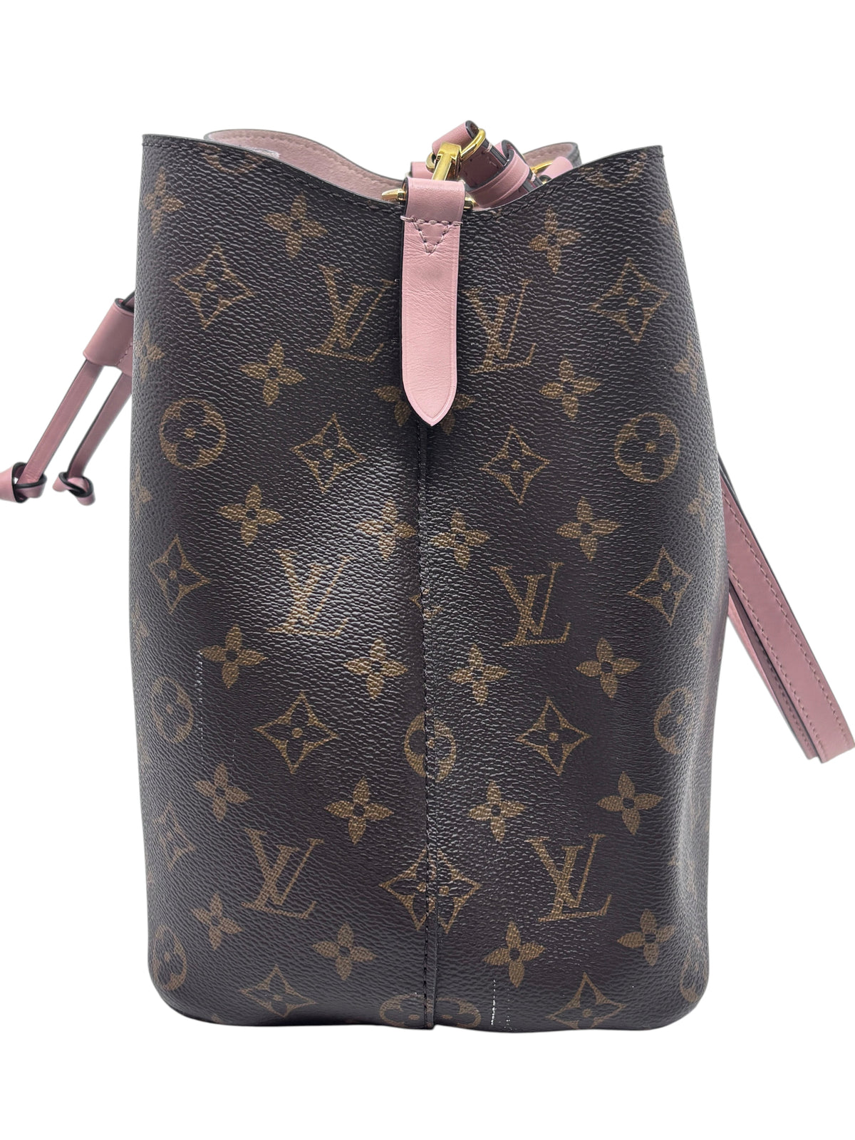 Posh Purse Co Louis Vuitton Monogram NeoNoe MM bucket bag in brown canvas with pink leather trim and gold hardware.