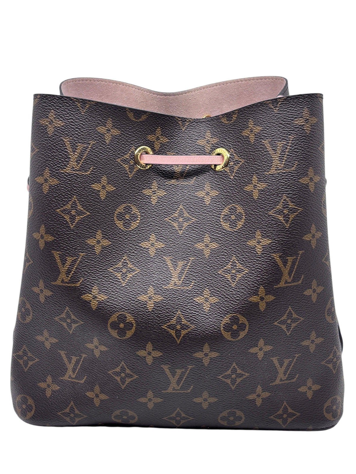 Posh Purse Co Louis Vuitton Monogram NeoNoe MM bucket bag in brown coated canvas with pink drawstring and gold hardware