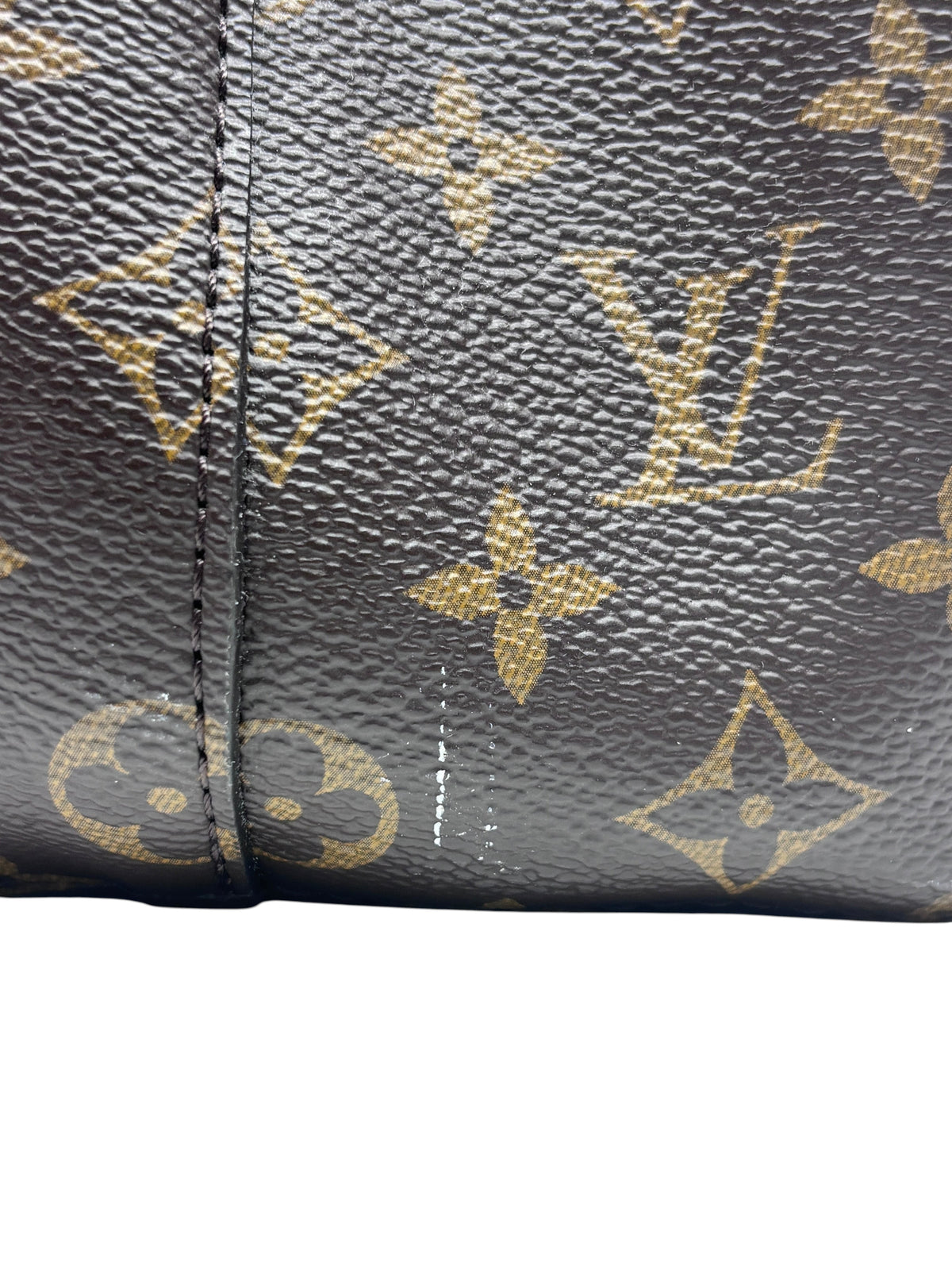 Close-up of Posh Purse Co Louis Vuitton Monogram NéoNoé MM bucket bag showing signature canvas and minor side marks