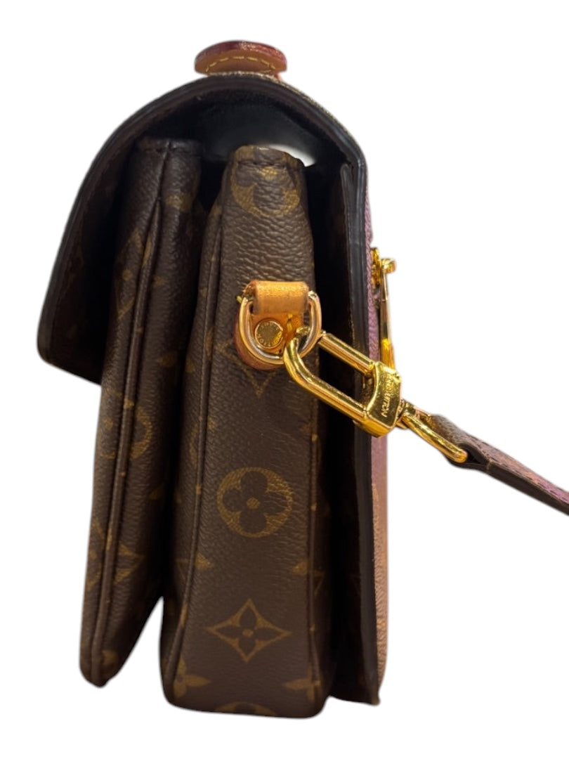 Posh Purse Co Louis Vuitton Monogram Pochette Metis crossbody bag in brown canvas with gold hardware and pink accents.