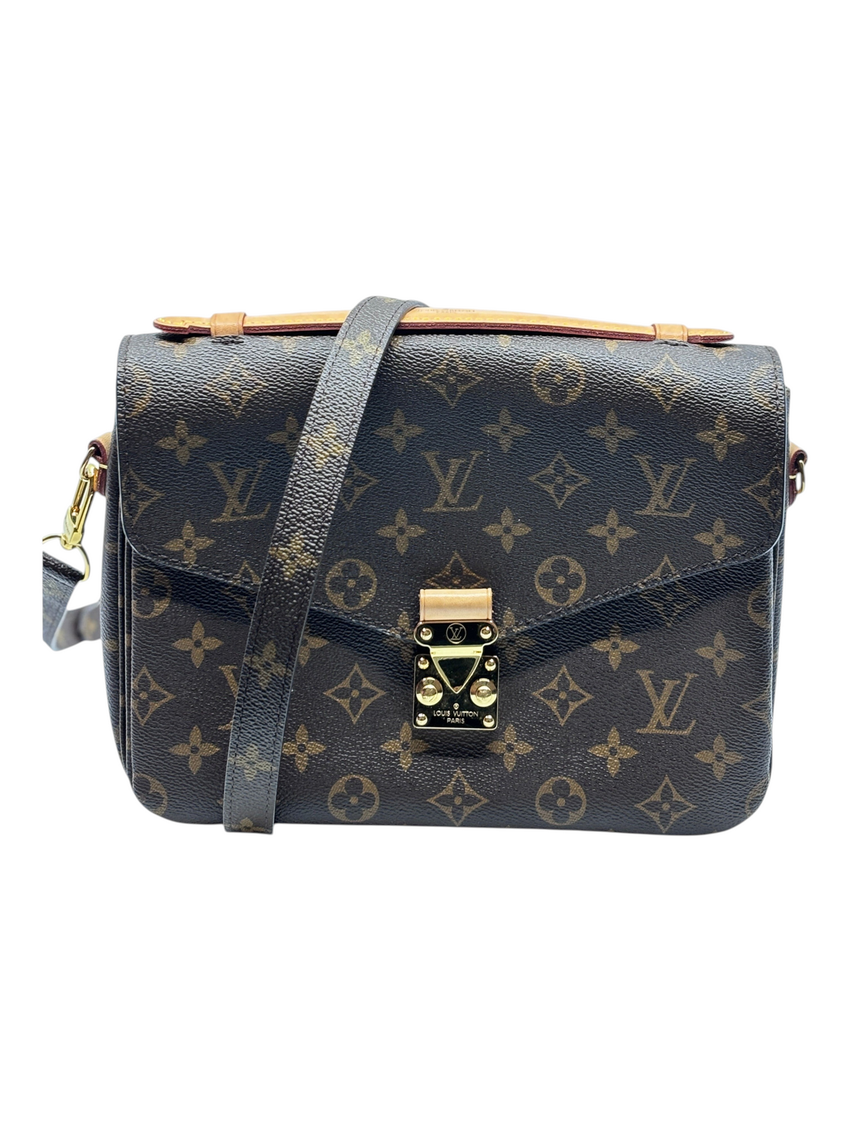 Posh Purse Co pre-owned Louis Vuitton Monogram Pochette Metis satchel with gold S-lock hardware and shoulder strap.