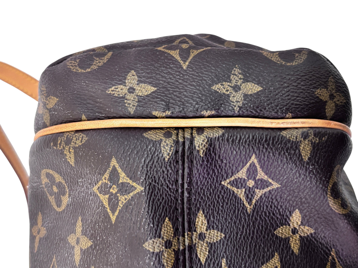Posh Purse Co Louis Vuitton Totally PM monogram canvas tote showing detail of top trim and signature brown print