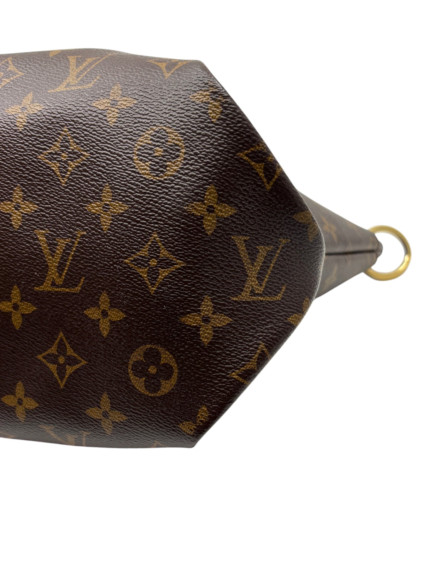 Posh Purse Co Louis Vuitton Monogram canvas Flower Zipped Tote side view showing gold hardware ring detail