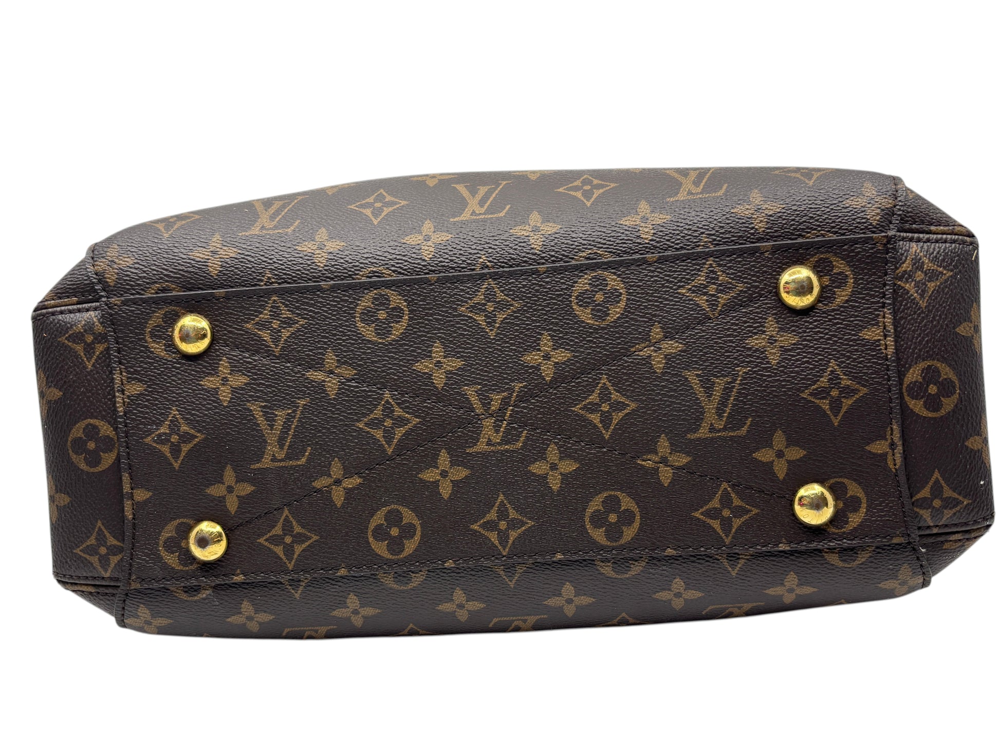 Base of Posh Purse Co. preloved Louis Vuitton Montaigne MM handbag in brown monogram canvas with gold-tone feet