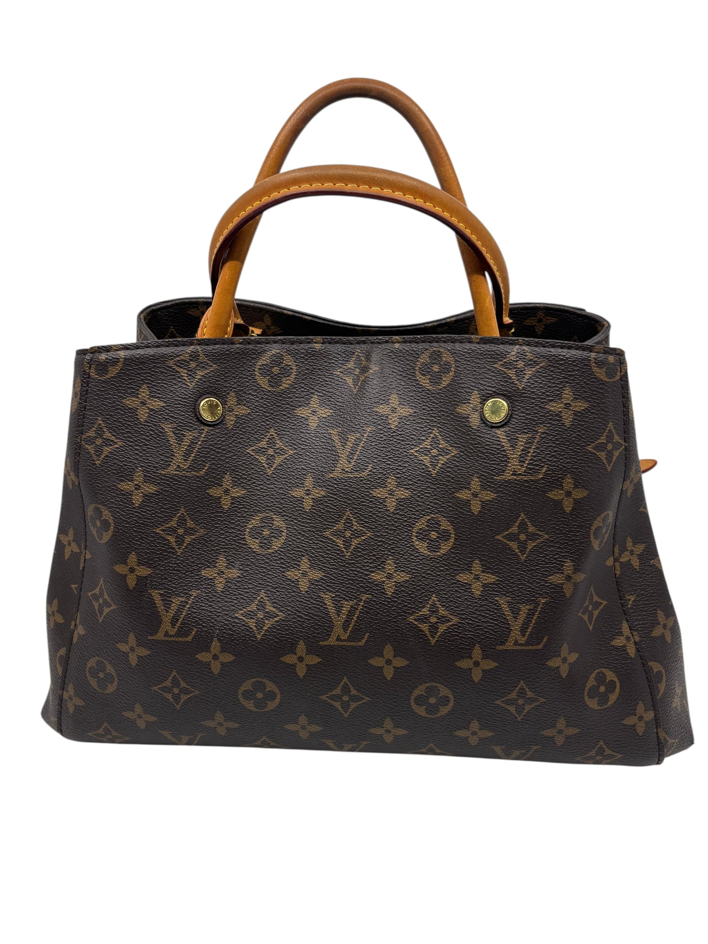 Posh Purse Co. Louis Vuitton Montaigne MM handbag in iconic brown monogram canvas with tan vachetta leather handles.