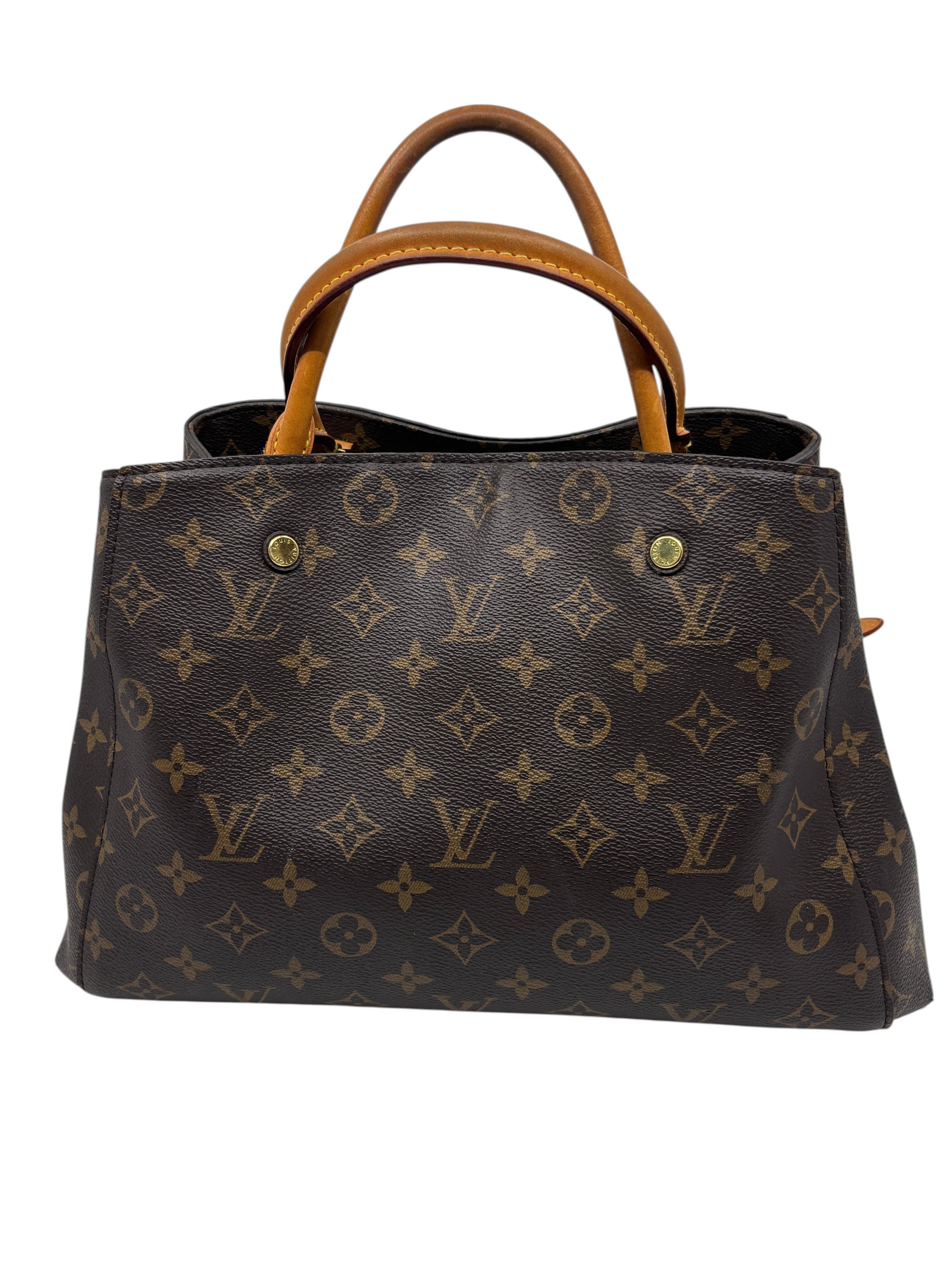 Posh Purse Co. Louis Vuitton Montaigne MM handbag in iconic brown monogram canvas with tan vachetta leather handles.