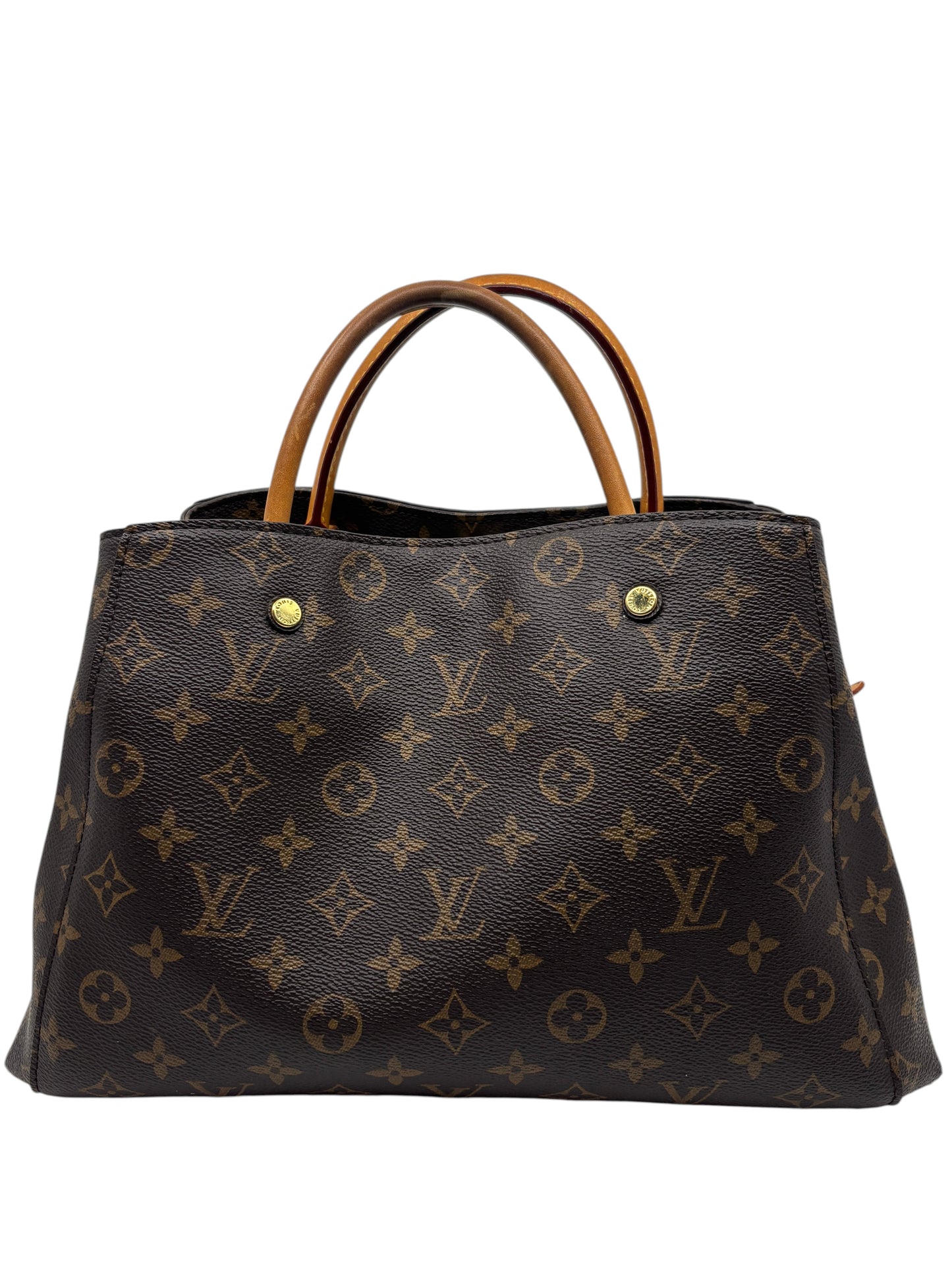 Posh Purse Co. Louis Vuitton Montaigne MM handbag in iconic brown monogram coated canvas with vachetta leather handles