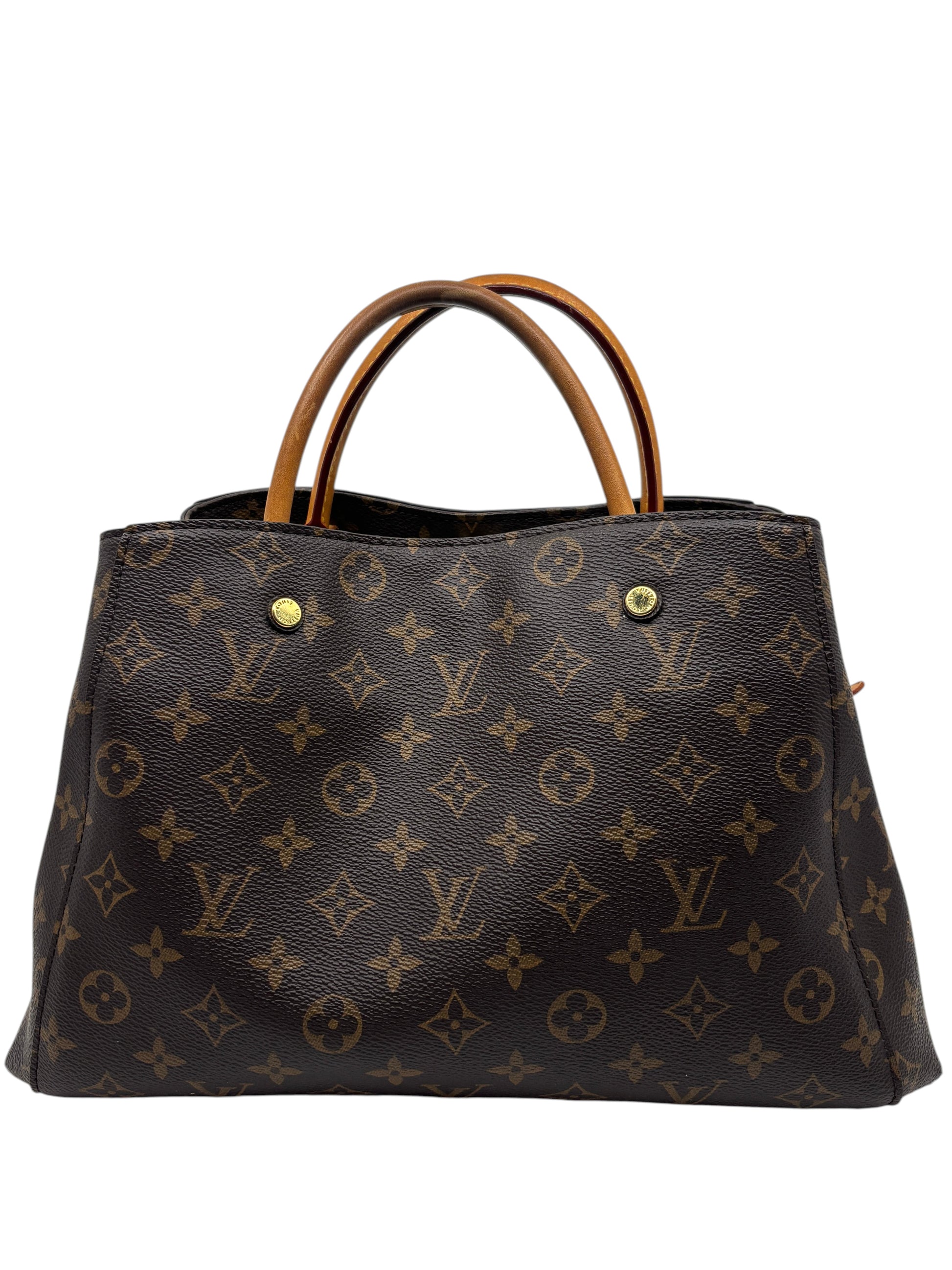 Posh Purse Co. Louis Vuitton Montaigne MM handbag in iconic brown monogram coated canvas with vachetta leather handles