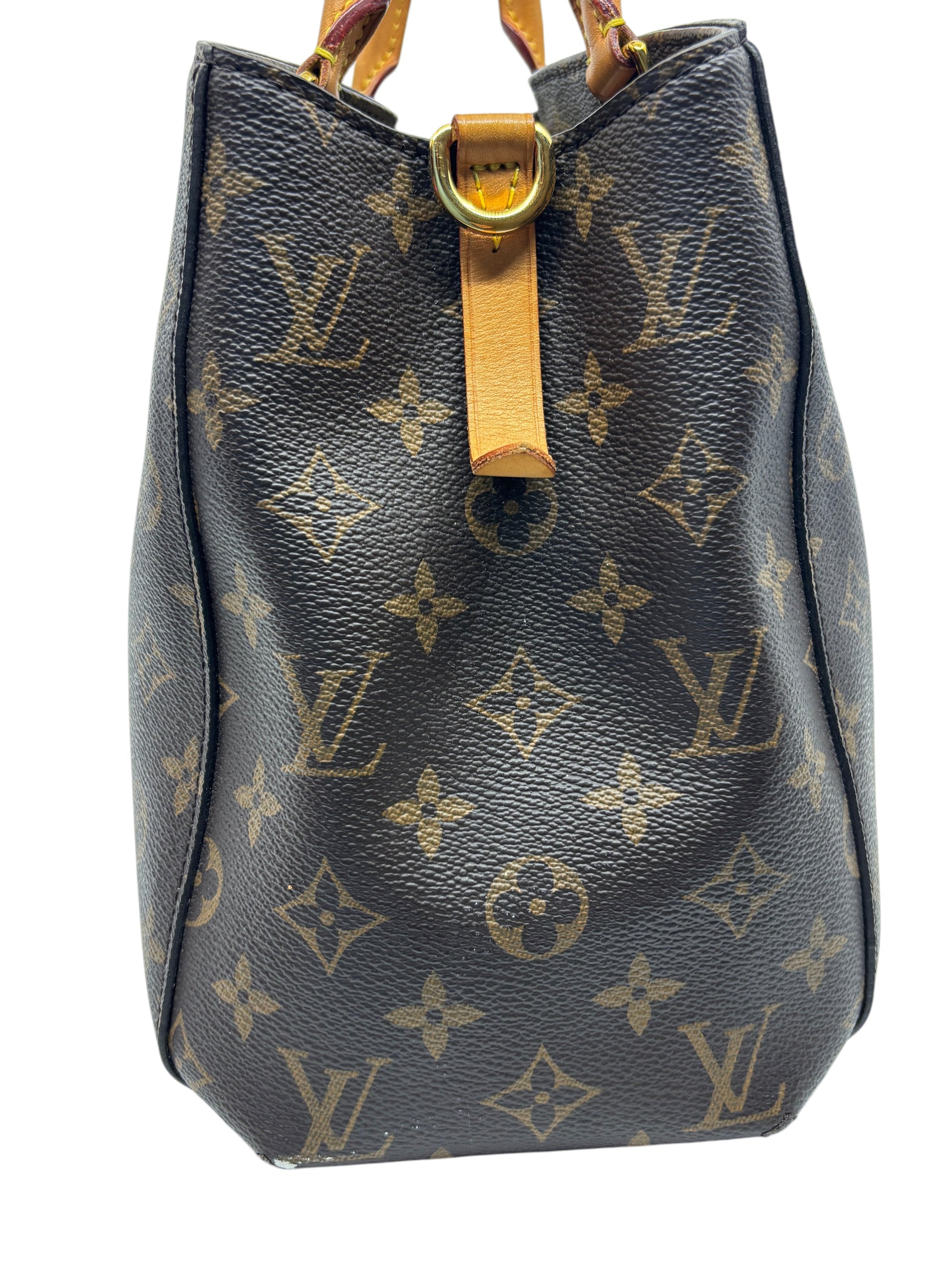 Posh Purse Co. Louis Vuitton Montaigne MM handbag in iconic brown monogram canvas with vachetta leather trim side view
